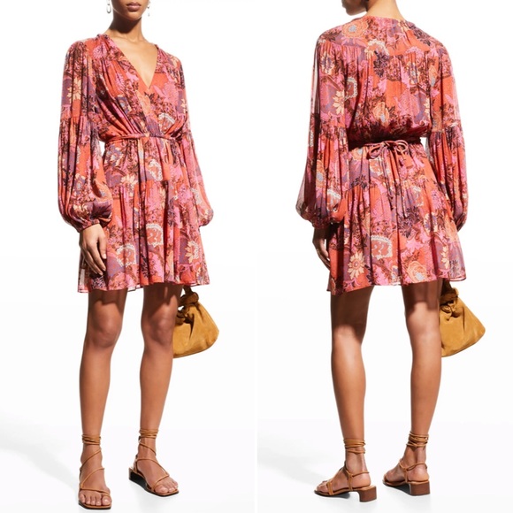 NWT A.L.C ALC pink purple printed tiered long sleeve v-neck mini dress - Picture 2 of 14